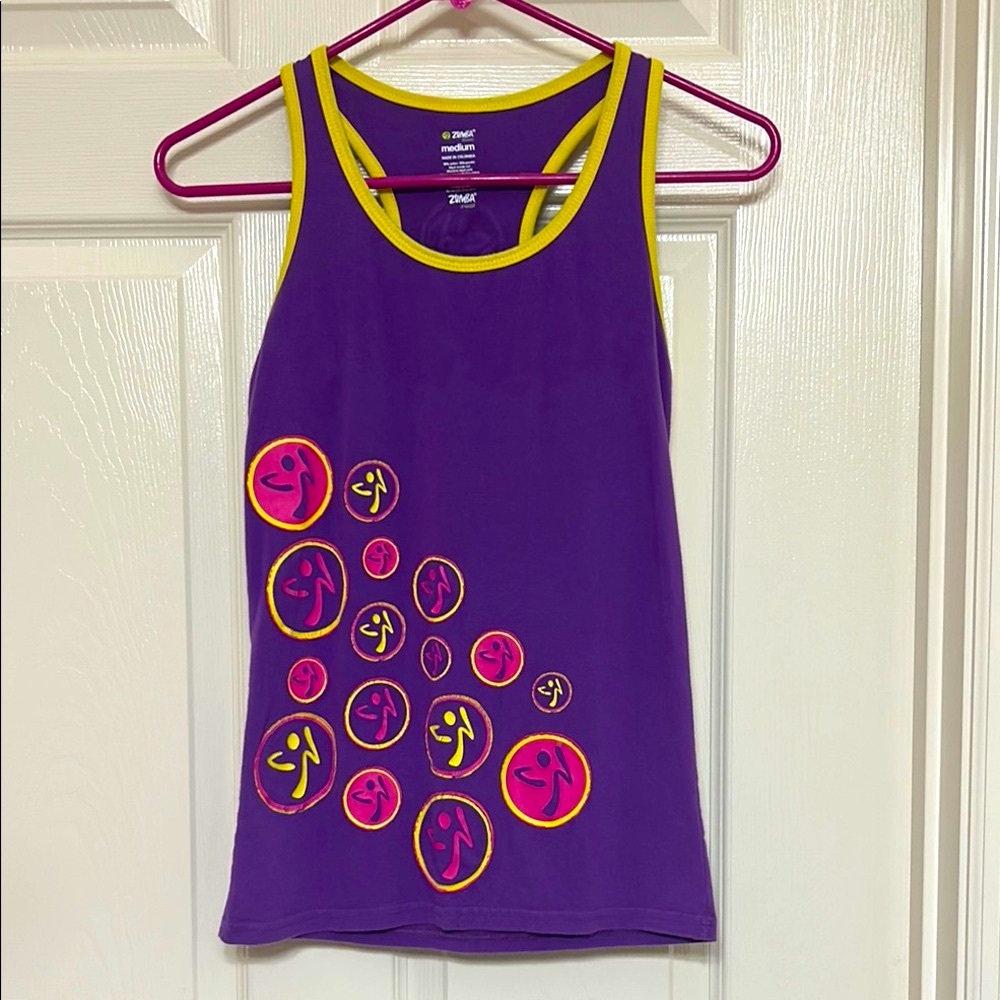 size M but runs small Zumba “Zumbito” Purple Pink Yellow Fitness Tank